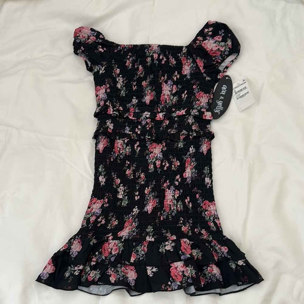 AVA & YELLY Black Pink Floral Smocked Ruffle Puff Sleeve Dress Girls Size 10 NWT